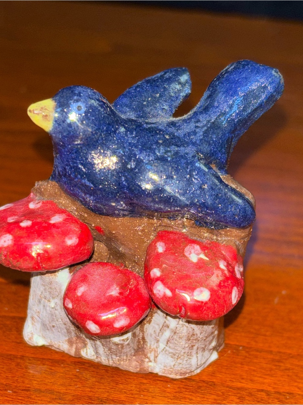 Handmade Folk Art Pottery Blue Bird on Red Mushrooms Figurine Redware